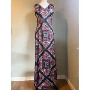 Vintage Mister Robert 10 Paisley Geometric Print Maxi Dress Boho Navy Red whisi
